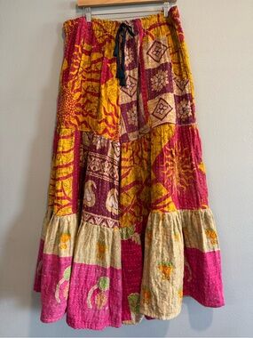 Kaantha Karma Patchwork Wide Leg Pull On Pants XL Boho Chic